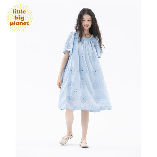 小小大星球彼岸蓝绣花连衣裙