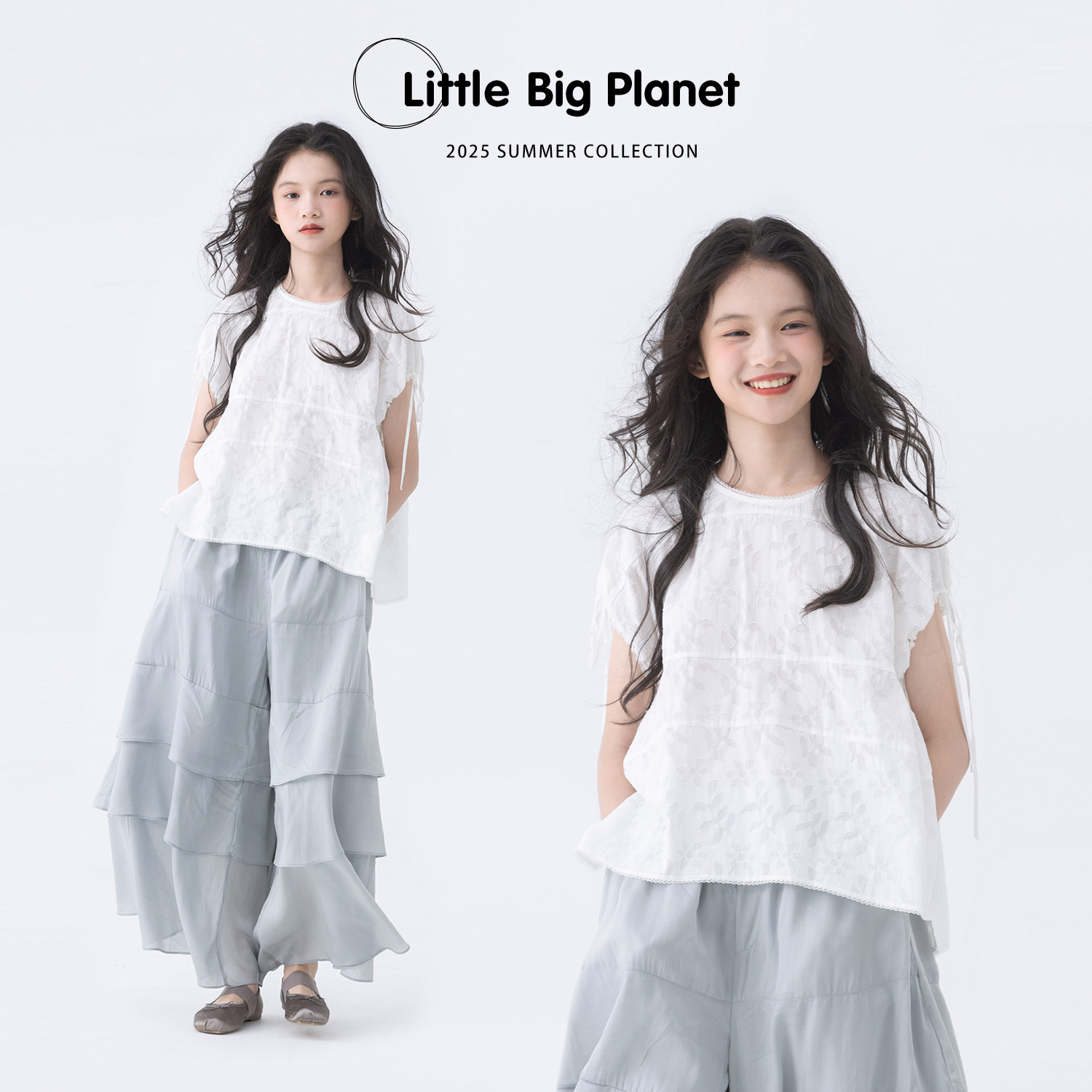 小小大星球童装 糖纸白微透感绣花娃娃衫 夏季女童侧开叉花边上衣