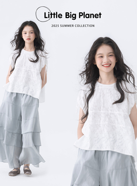 小小大星球童装 糖纸白微透感绣花娃娃衫 夏季女童侧开叉花边上衣