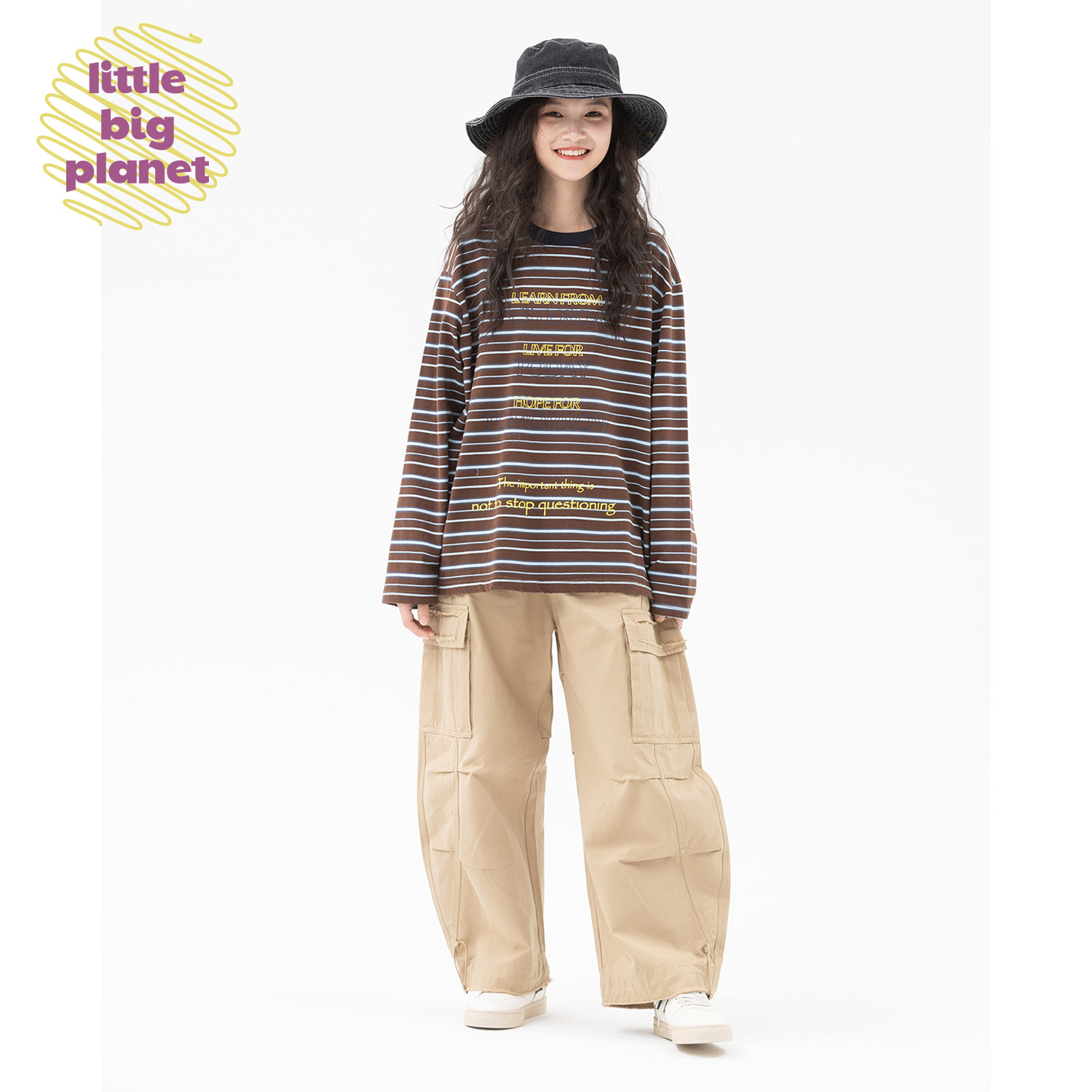 小小大星球童装 特色条纹字母印花长袖T 春秋舒适男女童纯棉上衣