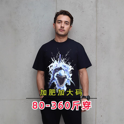 25新款GVC欧货数码印花鲨鱼短袖T恤胖子加肥加大痞帅半袖时尚潮牌