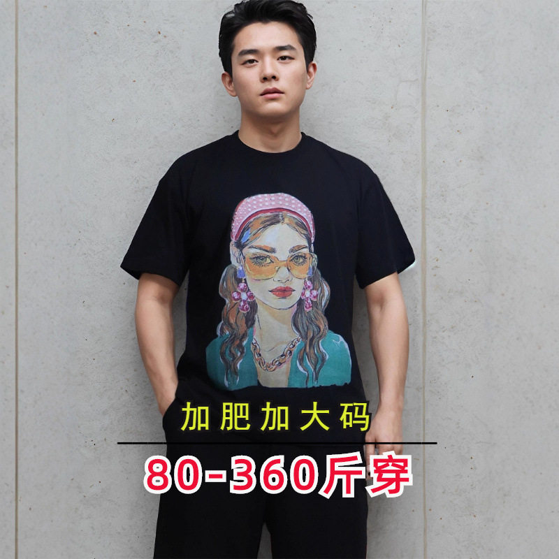 美式潮牌数码印花复古女人像插画加肥加大时尚明星同款短袖T恤