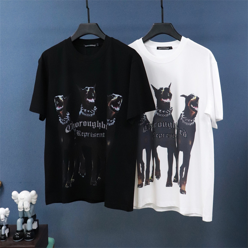 美式小众潮牌REP杜宾犬重工数码印花烫钻男女短袖T恤胖子加肥大码
