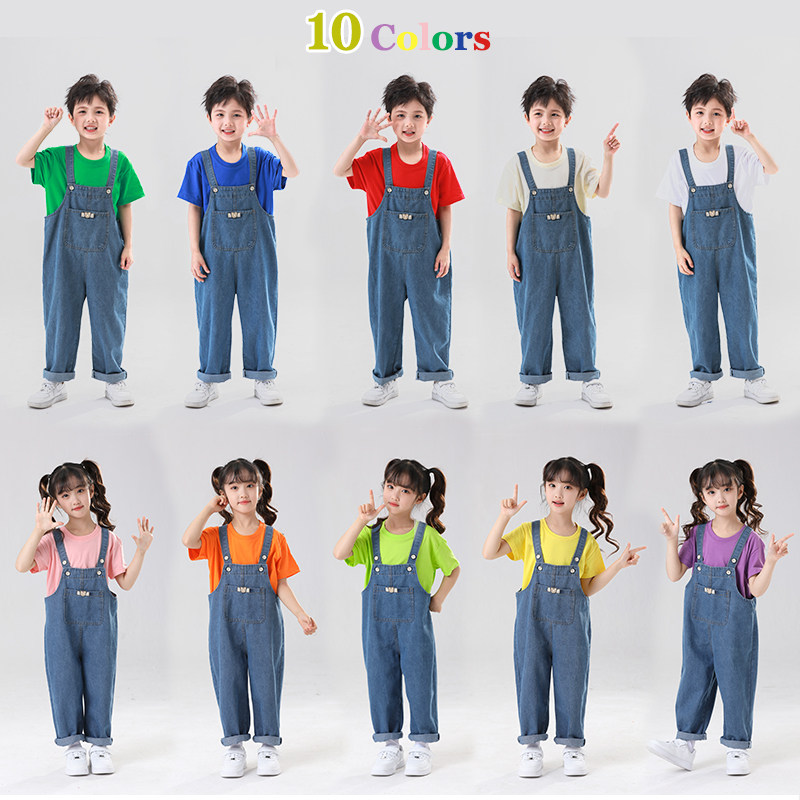 春季儿童演出服夏季牛仔背带裤糖果色短袖幼儿园啦啦队班服表演服