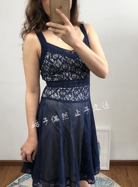 摩登精裁 2021夏季气质蓝色精致网面蕾丝收腰吊带连衣裙OL短裙女
