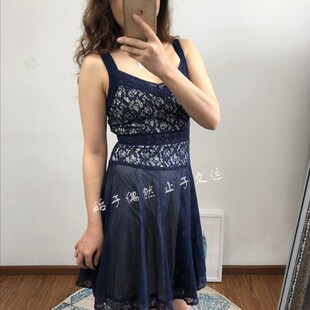 摩登精裁 2021夏季气质蓝色精致网面蕾丝收腰吊带连衣裙OL短裙女