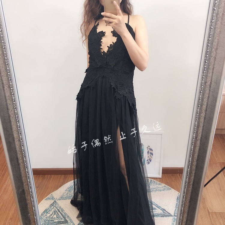 解构黑色网纱长款年会主持晚礼服