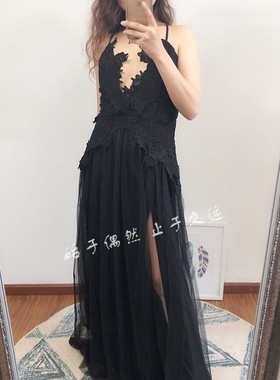 前卫解构 黑色蕾丝拼接网纱长款晚礼服晚宴连衣裙年会主持长款裙