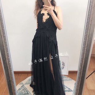 前卫解构 黑色蕾丝拼接网纱长款晚礼服晚宴连衣裙年会主持长款裙