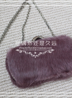 包邮 2020推荐新款紫色兔毛女包手拿晚宴包手挎宴会包人气新品潮