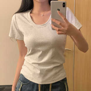 内搭大领口短款 花灰色u领正肩短袖 纯棉修身 夏季 上衣 t恤女2026新款