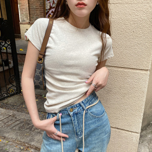 新款 美式 2026年夏季 正肩短袖 紧身显瘦纯色圆领纯棉上衣服 t恤女装