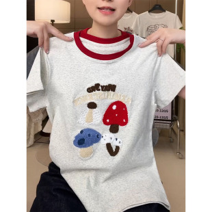 休闲撞色正肩上衣 t恤女夏季 2026年新款 趣味彩色蘑菇重工刺绣短袖