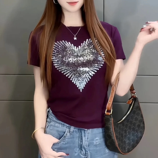 气质显瘦圆领纯棉上衣潮 网红时尚 重工烫钻爱心短袖 t恤女春夏新款