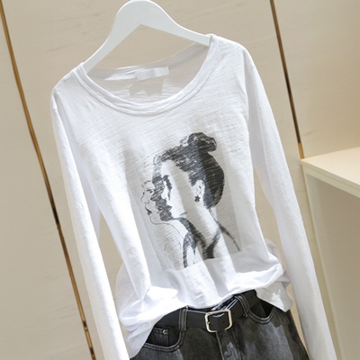 春装新款竹节棉长袖t恤女白色T