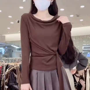 荡领系带长袖 修身 打底t恤女2026春秋装 时尚 显瘦休闲上衣 新款 法式