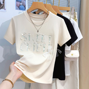 欧货重工烫钻字母短袖 正肩满钻圆领通勤纯棉上衣 T恤女夏2026新款
