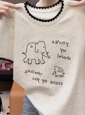 美式时尚卡通小象减龄印花t恤女2026新款夏季休闲复古打底衫上衣