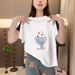 洋气休闲正肩半袖 韩版 设计感宽松百搭上衣 t恤女夏季 趣味绣花短袖