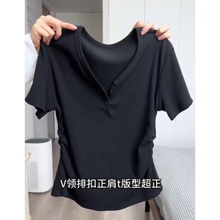 t恤女夏季 短款 2026新款 高级收腰修身 上衣 欧货半袖 黑色v领正肩短袖