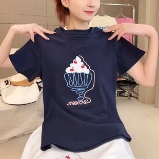 减龄卡通刺绣宽松显瘦纯棉短袖 2026夏季 休闲时尚 韩版 T恤女潮 新款