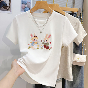 上衣体恤潮 宽松休闲夏装 趣味卡通减龄刺绣兔子短袖 t恤女2026新款