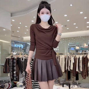 荡领长袖 系带打底衫 T恤女士春秋新款 修身 设计感小众上衣 韩版 时尚