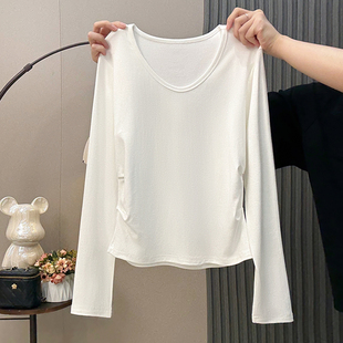 内搭上衣 显瘦打底衫 白色长袖 V领纯欲小个子T恤女春秋褶皱收腰修身
