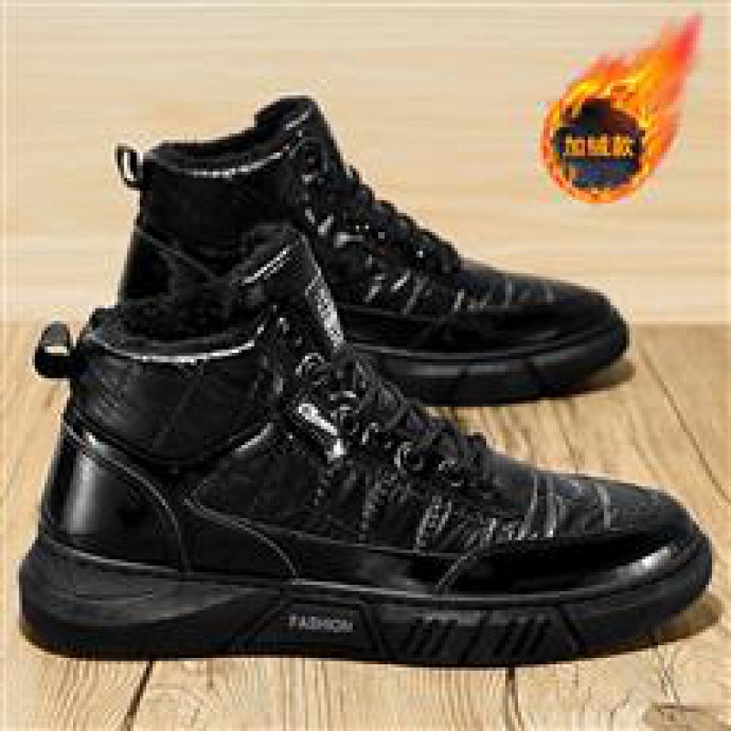 羽绒布防水高帮棉鞋男款加绒保暖休闲雪地靴黑色耐脏机车板鞋