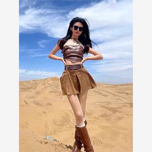 新疆川西草原旅行穿搭裙子女夏西部牛仔风辣妹异域风情百褶裙短裙