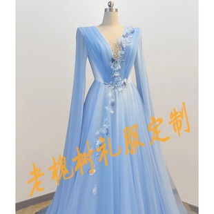 老槐树超仙浅蓝色长水袖 演出服民歌独唱古筝演奏艺考定制表演礼服