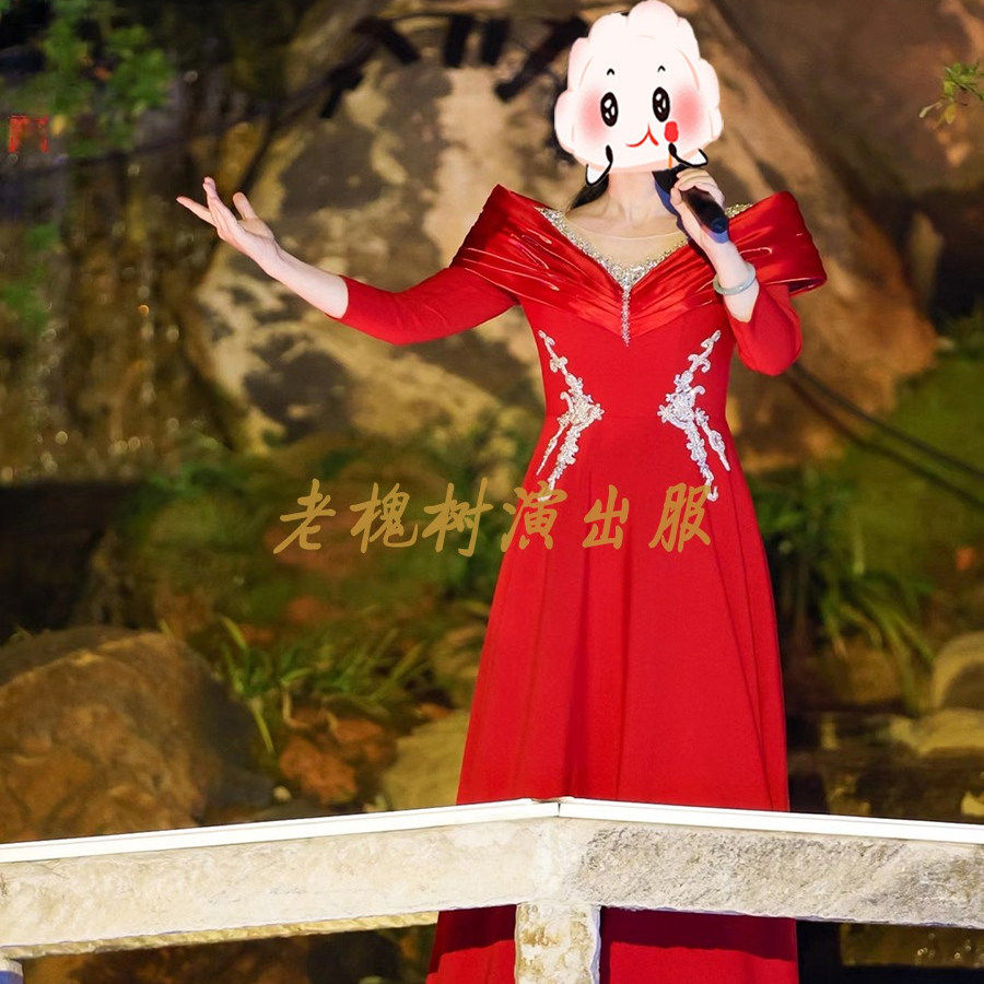 老槐树演出服红色长袖声乐学生艺考礼服2025新款舞台表演高腰显瘦