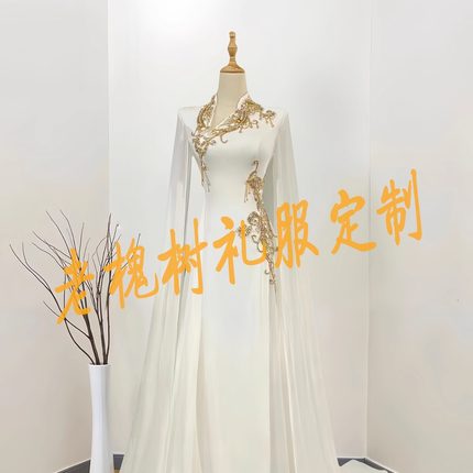 高级定制古筝演奏音乐会独唱白色水袖礼服学生艺考重工A摆礼服裙