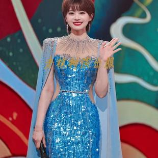 古筝演奏礼服重工蓝色超闪鱼尾学生艺考演出服水袖 高级 2025新款