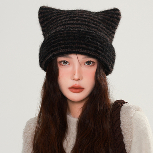 小恶魔条纹针织毛线帽子女猫咪耳朵可爱尖尖帽秋冬季显脸小套头帽