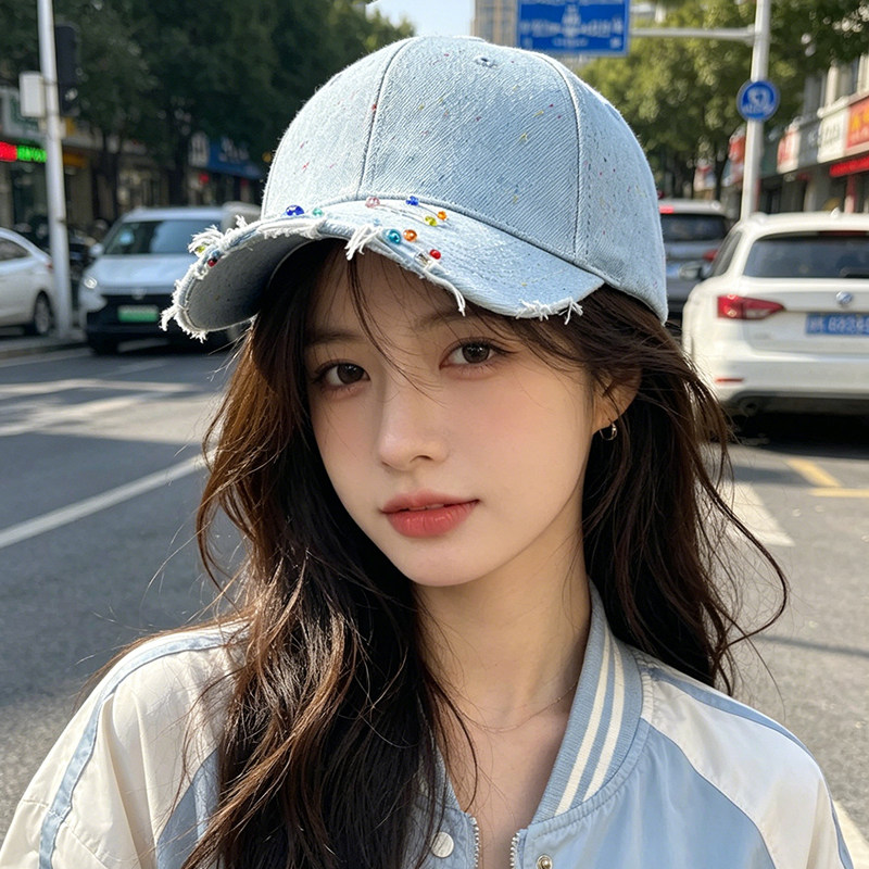 牛仔破洞毛边水钻棒球帽女夏季防晒遮阳显脸小鸭舌帽休闲百搭潮流