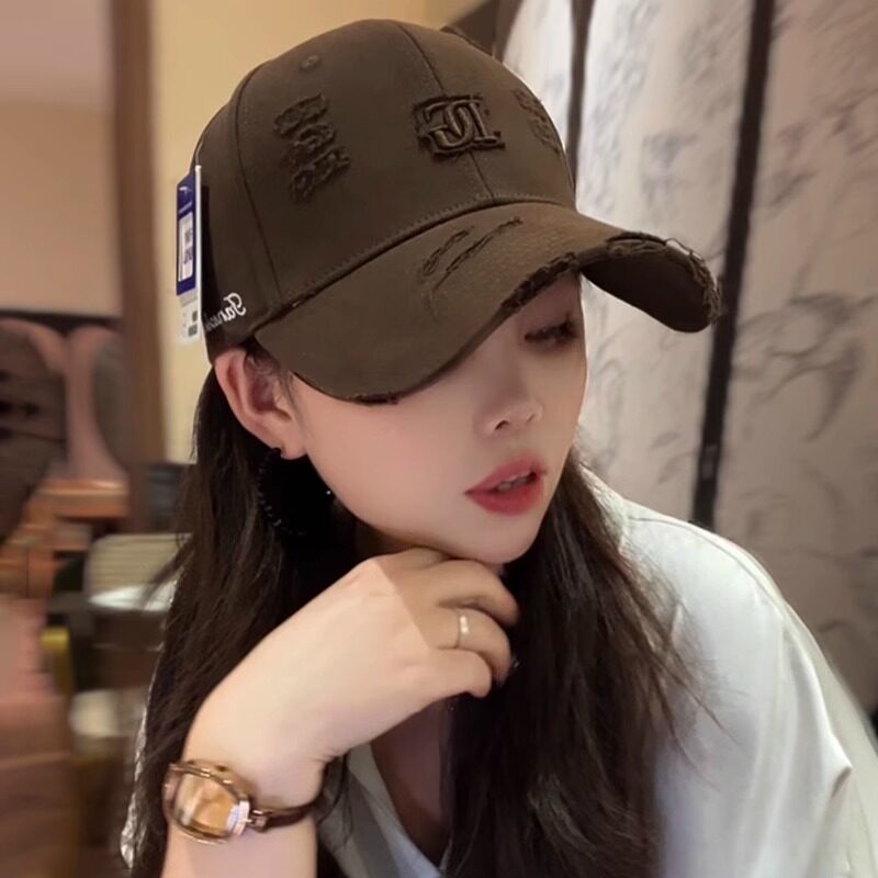 韩版字母破洞棒球帽子女女款春夏季遮阳防晒大头围宽帽檐鸭舌帽