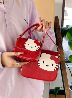 Kitty红色手提小方包女童2025新款可爱卡通零钱包单肩斜挎包