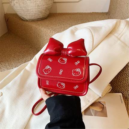 女童新年红色小方包公主宝宝可爱蝴蝶结HelloKitty斜挎包拜年小包