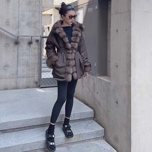 意大利品牌中度色俄罗斯紫貂中长款 女士皮 立领双面穿外套绿色冬季