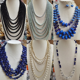 欧美外贸饰品复古蓝色海洋凤尾毛衣链西洋项链珍珠多层