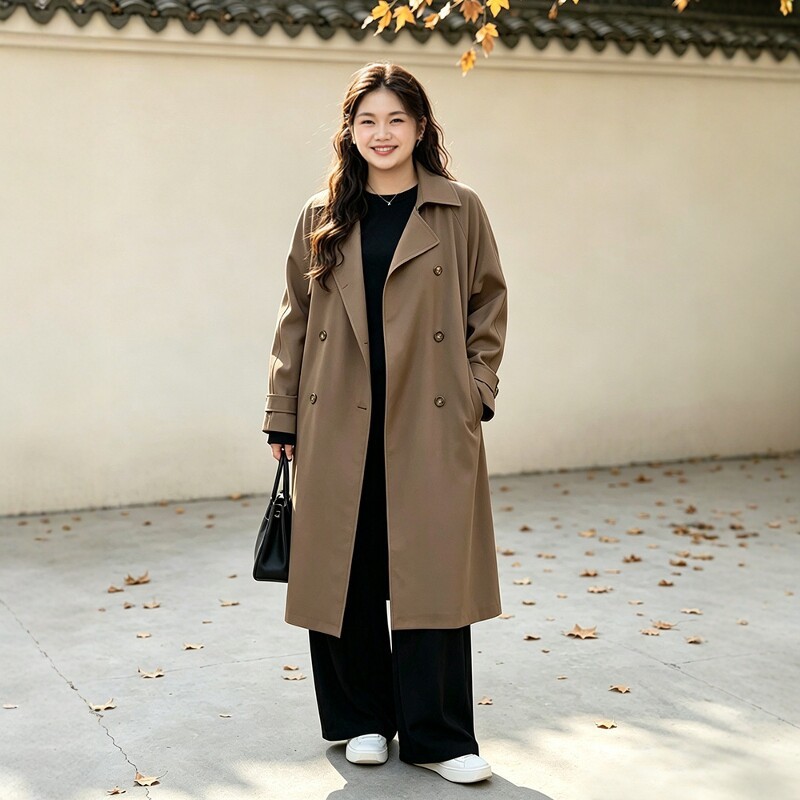 大码女秋冬长款风衣遮肚显瘦