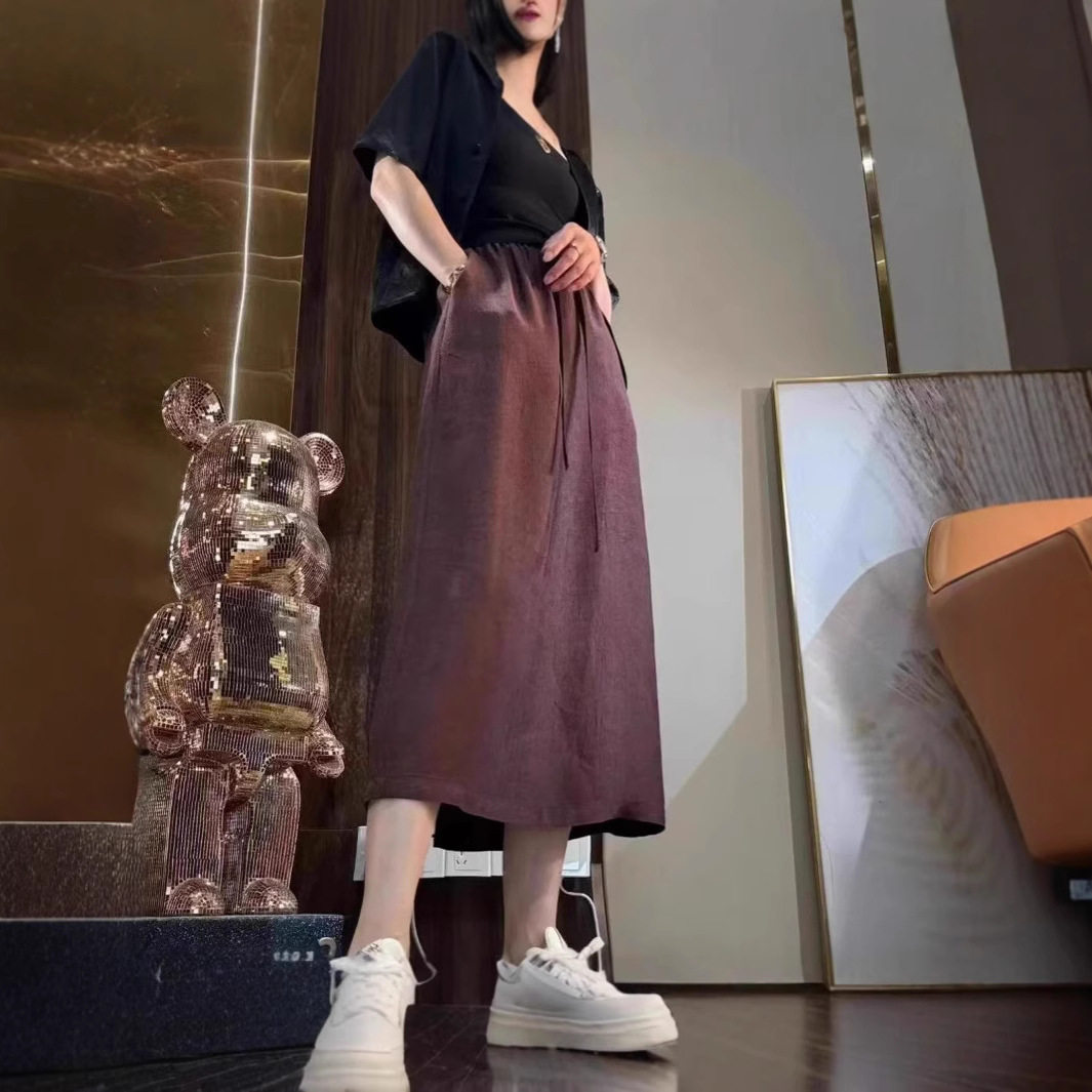 醋酸缎面半身裙女2026夏季新款抽绳松紧高腰垂感直筒中长款薄裙子