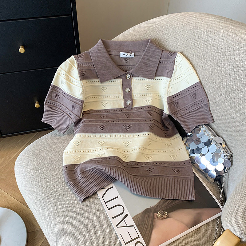 2026夏季新款设套头条纹计感小众撞色别致短袖T恤冰丝针织衫女