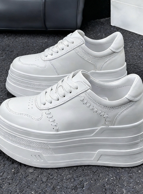 欧洲站爆款2026春季新款白色编织真皮厚底松糕鞋百搭增高小白鞋女