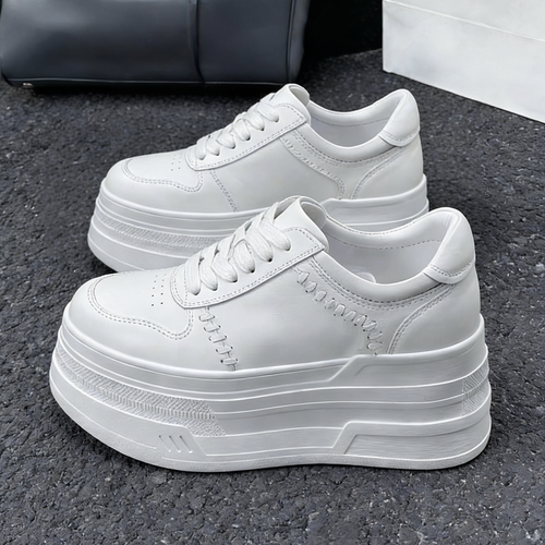 欧洲站爆款2026春季新款白色编织真皮厚底松糕鞋百搭增高小白鞋女