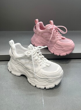 欧洲站2026年夏季新款真皮厚底透气网鞋增高8cm休闲运动老爹鞋女