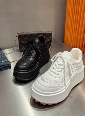 欧洲站真皮松糕厚底小白鞋女2025秋季新款欧货白色百搭增高老爹鞋