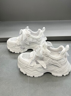 欧货2026夏季新款真皮厚底增高小白鞋欧洲站透气蕾丝镂空老爹鞋女