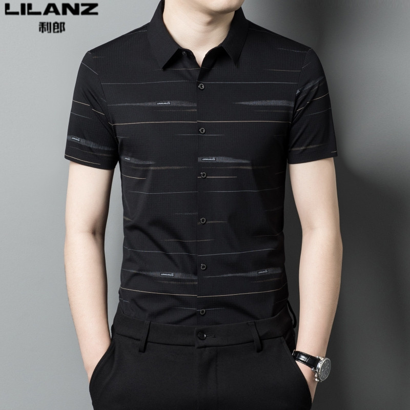 2026利郎男装短袖衬衫夏季新款修身条纹上衣男士薄款免烫休闲衬衣